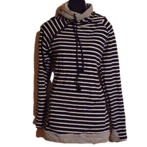 & size Large"  Double hoodie look"   Black/  white stripes, with Grey  too.